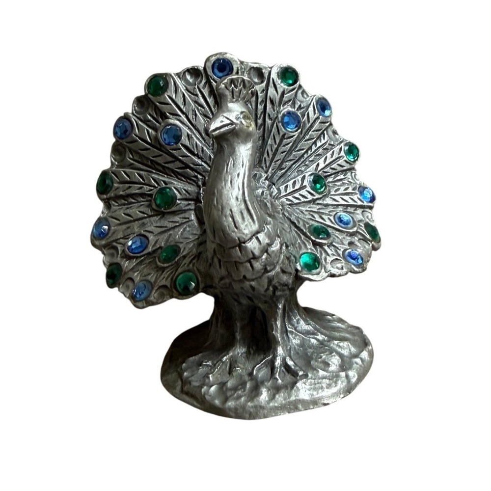 Vintage Pewter Peacock Figurine Miniature Blue Green Rhinestone Jewel Tail - Picture 4 of 13